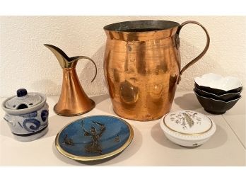 (2) Copper Pitchers, Enamel Tray Made In Israel, Rosanthal Covered Peacock Dish And More