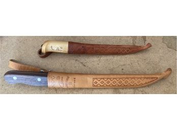 (2) Stainless Steel Fillet Knives With Leather Sheathes (1) J. Marttiini Finland - 6 Inch & 4 Inch Blades