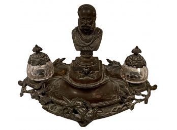 Antique Bronze Hotel Double Inkwell Desk Set With Bell And Head Bust Crystal Cut Glass Inserts Number 6665