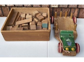 Antique Wood Car And Wood Box Of Hand Painted Wood Blocks