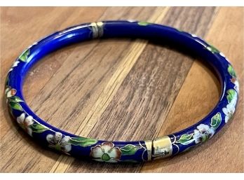 Vintage Cloisonne Blue Bracelet With Green, White, Pink, And Red Flowers With Gold Trim