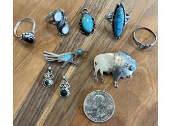Navajo Sterling Silver, Turquoise, MOP And Onyx Pins, Buffalo Pin, Roadrunner Pin, MOP Ring, Onyx Ring & More