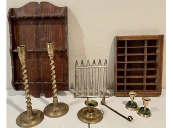 Vintage Lot Including Solid Brass Candle Holders, Extinguisher, Antique Wood Drawer And Spoon Rack
