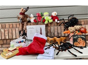 Fun Holiday Lot Including Halloween & Christmas Decor - Plaques, Decorations, Stuffed Animals