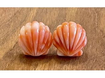 14K Gold And Carved Pink Coral Shell Post Earrings