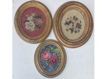 (3) Small Oval Floral Cross-stitches In Frames