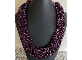Dark Purple Seed Bead Multi Strand Woven Necklace Statement Piece