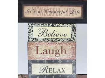 Assorted Home Decor Including Word Signs - Laugh, Believe And Relax, Framed It's A Wonderful Life