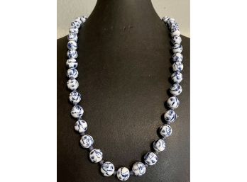 Vintage Chinese Blue & White Porcelain Hand Knotted Bead Necklace 25' Long