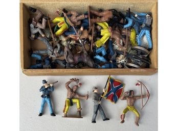 Vintage Wood Rocky Mountain Box Filled With Assorted Toy Figurines Army And Indian