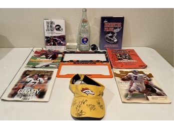 Vintage Broncos Memorabilia Including Signed Craig Morton Visor And License Plate Holders