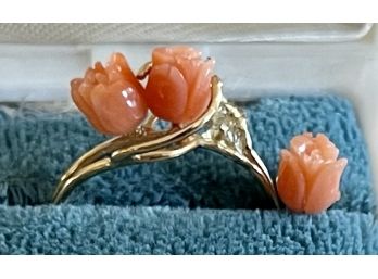 14K Gold And Angel Skin Coral Carved Flower Ring 1.5 Grams Size 7 (as Is)