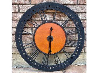 Large Black Metal Wall Clock With Wood Face