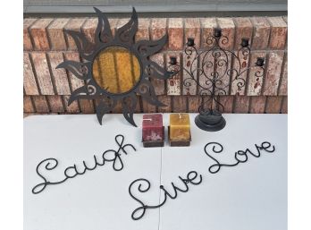 Home Decor Metal Signs Live, Laugh, Love, Metal Sun And Standing Amber Prism Candle Stick & 2 Square Candles