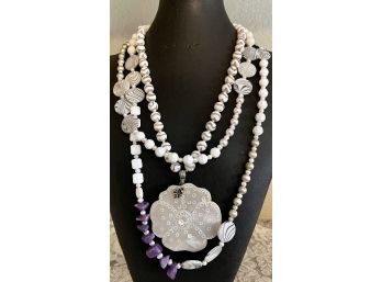 (2) Statement Necklaces, Mother Of Pearl Etched Flower And Stone Bead Necklace Purple Stone And MOP Beads