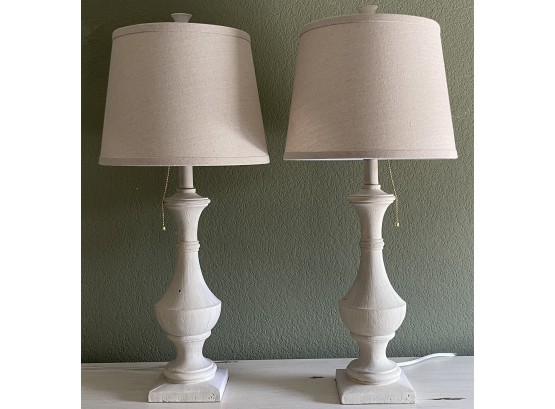 (2) Wood White Wash Lamps With Tan Fabric Shades