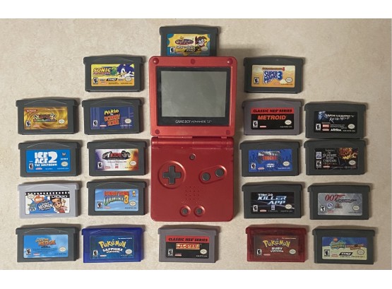 Nintendo Game Boy Advance SP With 16 Games - Pokemon Ruby & Sapphire, Pacman, Donkey Kong, & More