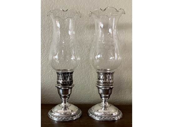 Two Vintage LA PIERRE Sterling Silver Hurricane Candle Holders W/ Etched Glass Glass Shades