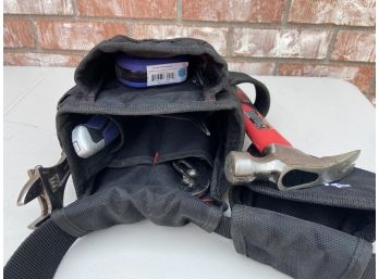 Small Husky Tool Belt With Assorted Tools Including Hammer, Box Cutter, Pliers, And Flashlight