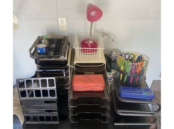 Large Office Supply Lot Including Scissors, Large Paper Organizers, And More