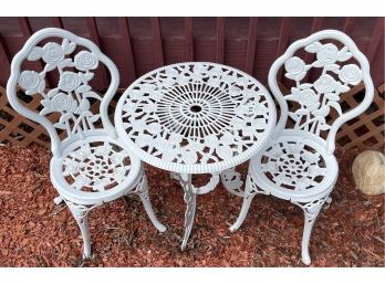 White Metal Rose Pattern Cafe Patio Set With Table And Two Chairs