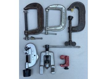 (6) Assorted C-clamps And Pipe Fitters