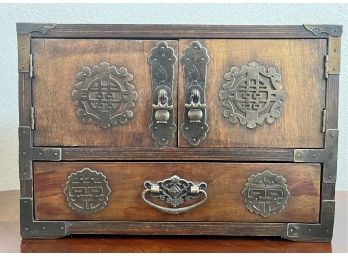 Chinese Wood Dresser Box With Metal Accents, Corners And Pulls