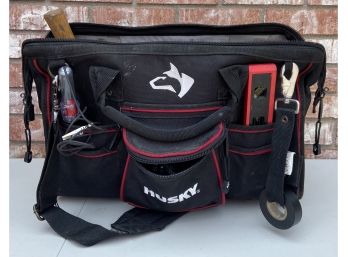 Husky Tool Bag With Tool Collection - Pry Bar, Hammer, Pliers, Snips, Screwdrivers, & More