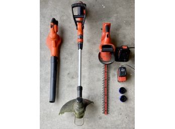 Black & Decker Cordless Blower, Weed Wacker, & Hedge Trimmer With 2 Batteries & Charging Station