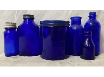 (6) Vintage Blue Glass Medicine Bottles/Containers
