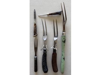 Vintage Collection Of Wood And Stag Antler Handled Carving Forks & Tools Some With Sterling Silver Handles