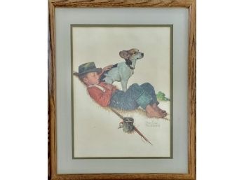 Vintage Norman Rockwell Print Boy Fishing With Beagle B&B USA (Brown & Bigelow) 1956 With Wood Oak Frame
