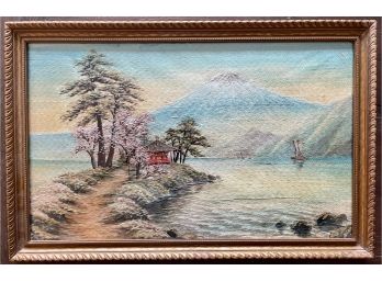 Vintage Japan Silk Embroidery  Textile Art 3D MT Fuji Pagoda House, Boat Wood Frame Gorgeous Colors