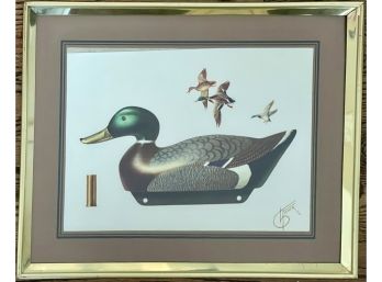 Vintage Leonard Fisher Mallard Duck Decoy Matted Lithograph Print In Gold Metal Frame