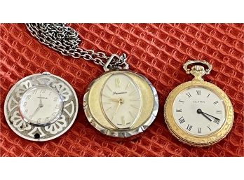 (3) Ladies Pendant Watches, Silver Tone Caravelle,  Ultar Gold Tone W/ Victorian Print, (1) Princeton W Chain