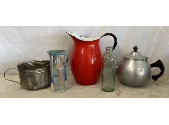 Vintage Enamelware Pitcher With Aluminum Teapot With Strainer Insert, Watering Can, & Glass Bottles