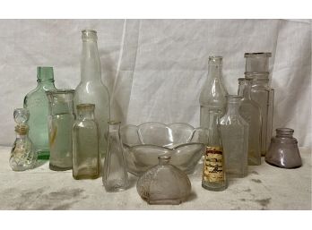 Collection Of Assorted Vintage/antique Glass Bottles With Bowl