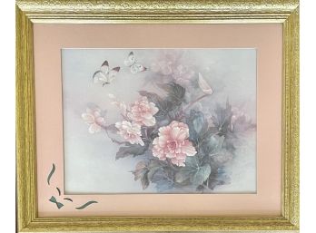 Lena Liu Signed Water Color Print Flowers And Butterflies In An Antique Gold Wood Frame
