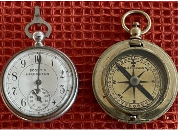 Vintage Stanley London Brass Pocket Compass (missing Top) & Scout's Hikemeter  With Compass (as Is)