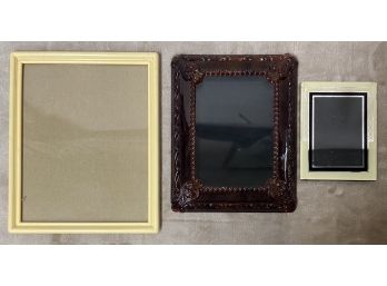 3 Vintage Picture Frames, Large Cream Celluloid, Tortoise Shell Molded Plastic And Etched Glass