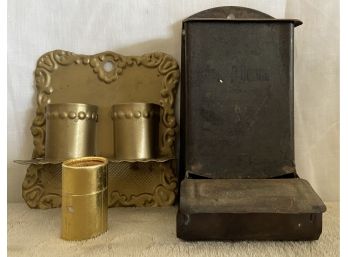 (2)  Victorian Antique Match Holders With Vintage Advertising Match Tube From HSB The Home State Bank