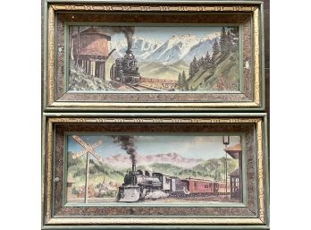 (2) Vintage Framed Train Locomotive Prints Wood Frames Green & Gold With Cork Edge Unsigned