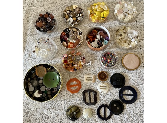 Large Collection Of Vintage Buttons, Beads, Pins, Mother Of Pearl, Belt Buckles, And More