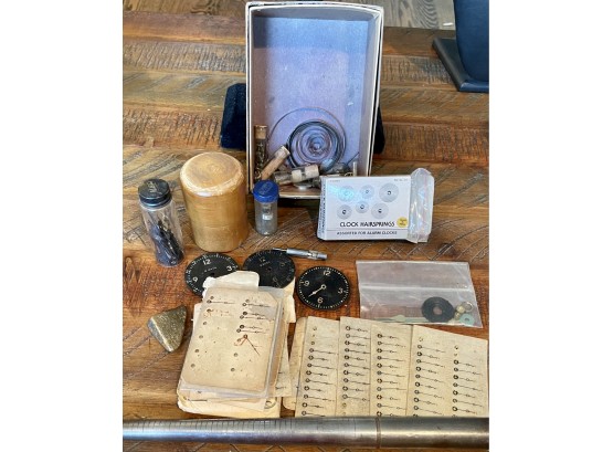 Watch Repair Tools And Parts, Faces, Springs, Dials, A Ring Sizer, Antique Wood Case Tool Holder And More