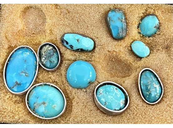 Vintage Turquoise Pieces Removed From Jewelry, Some Have Silver Bands And Some Plain