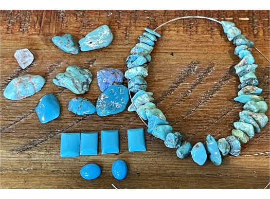 Collection Of Turquoise Pieces And Cabochons And (1) Clear Quartz Piece For Jewelry Making