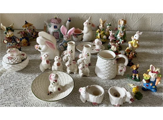 Vintage Collection Of Avon Porcelain Bunny Dishes- Salt And Pepper, Candle Sticks, And More