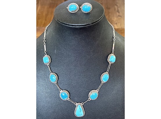 Stunning Sterling And Turquoise Southwestern Necklace And Earrings Made By RH For Elvira 1980