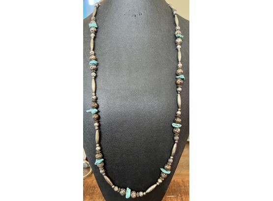 Vintage Sterling Silver Bead And Turquoise Necklace 31' Long And Weighs 35.4 Grams