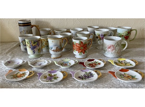 Collection Of Hand-painted Tea & Coffee Mugs, And Tea Bag Holders